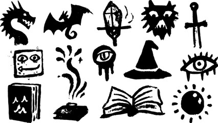 Collection of fantasy-themed illustrations featuring dragons, wizards, and magical symbols. This is a creative vector art set.