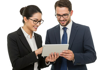 Two business professionals collaborating on a tablet isolated on transparent background