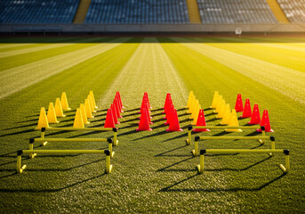Agility Training Equipment Cones and Hurdles on Green Stadium Field