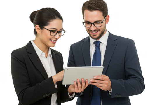 Two business professionals collaborating on a tablet isolated on transparent background