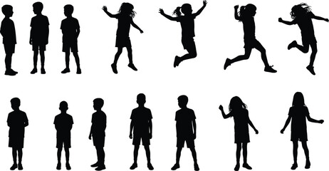 Children silhouette, kids vector, jumping, running, standing, black clipart, playful pose, motion, activity, school, education, editable, isolated, design, illustration, youth
