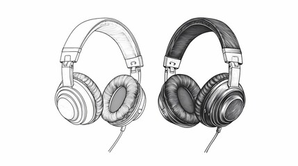 Two stylized illustrations display over ear audio devices, one outlined and one shaded
