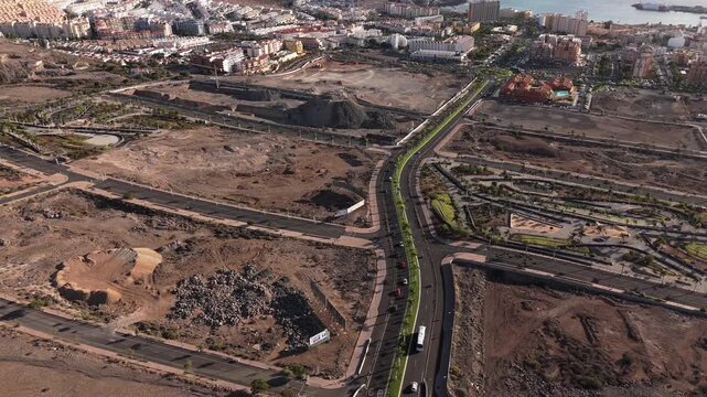 Aerial views of Los Cristianos area from Mountain Chayofita. Monta&ntilde;a Chayofita, is a small, steep volcanic hill located between Playa de las Am&eacute;ricas and Los Cristianos in Tenerife, Spain.