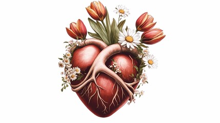 Anatomical human heart adorned with vibrant tulips and delicate daisies against a white background
