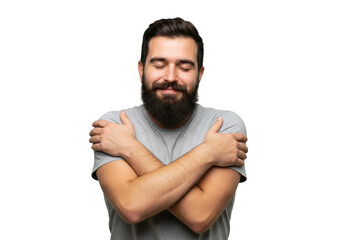 Man with beard hugging himself with eyes closed isolated on transparent background