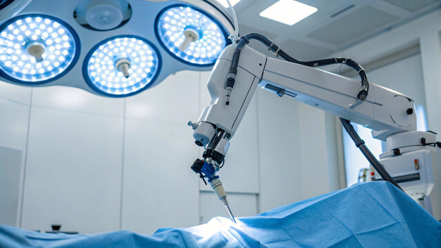 robotic surgery arm technology in a hospital operating room for futuristic medical