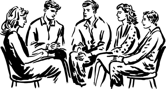 Group discussion in sketch style. People sitting in chairs communicating and exchanging thoughts in a professional setting, vector illustration.