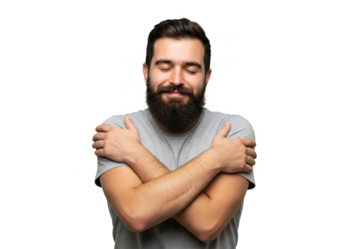 Man with beard hugging himself with eyes closed isolated on transparent background