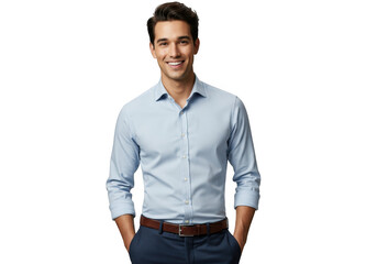 Young man in light blue dress shirt and dark pants isolated on transparent background