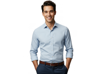 Young man in light blue dress shirt and dark pants isolated on transparent background