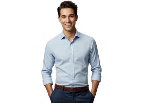 Young man in light blue dress shirt and dark pants isolated on transparent background