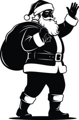 Santa Claus Silhouette Waving Hello, Full-Body Black and White Vector Illustration of Father Christmas with Toy Sack, Standing, Cheerful Holiday Mascot Icon.