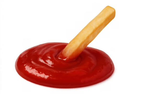 French fry dipping into red ketchup sauce, appetizer snack food pairing for fast food meal with transparent background