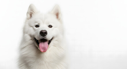 Fluffy white Samoyed dog smiling happily with tongue out, a cheerful companion perfect for pet lovers and heartwarming projects