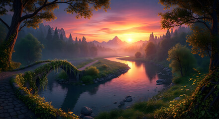 Serene river landscape with stone bridge at sunset, perfect for travel blogs and nature photography, evokes peace and tranquility, ideal for meditation visuals