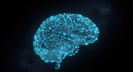 Digital brain illustration with glowing connections on a dark background