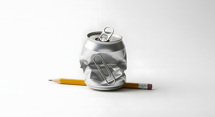 Crushed soda can, paperclip, and pencil still life evokes creative burnout, deadlines, and recycling concepts for a modern business message