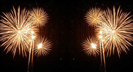 Naklejka premium Silvester 2025, New Year's Eve, New Year, new years eve background panorama long - Firework Fireworks on rustic brown wooden wood texture