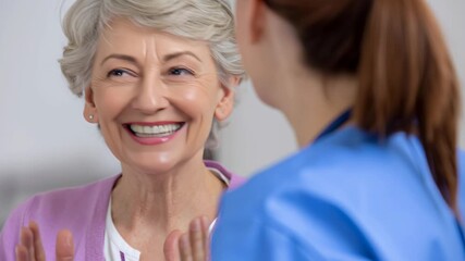 Smiling senior woman caregiver nurse consultation smile healthcare medical warm compassionate support companionship friendly home care conversation