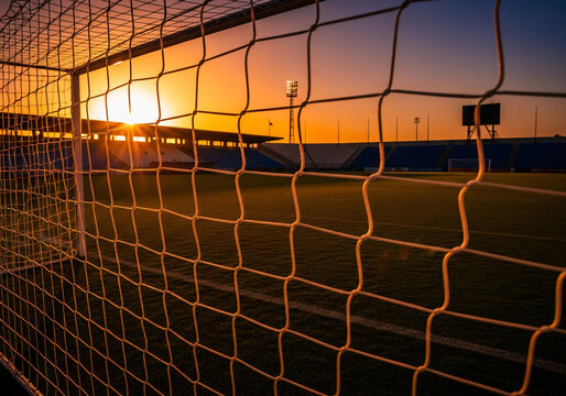 Dramatic Sunset Behind Soccer Goal Net on Pitch