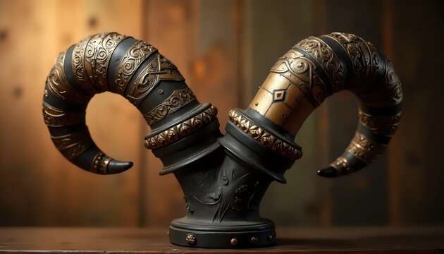 A close up of a metal sculpture of horns on a wooden surface.