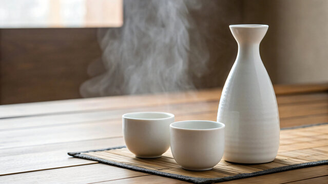white ceramic hot sake set on clean wooden table