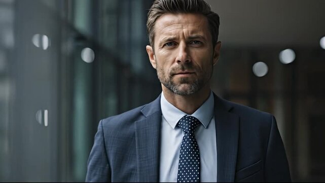 A middle-aged man in a dark suit and tie looks directly at the camera with a serious expression standing in a modern office interior