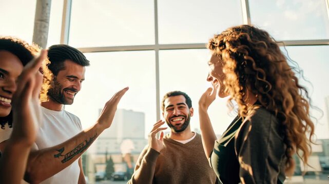 Young woman man diverse group high five office teamwork celebrating success smiling colleagues sharing positive energy collaboration bright modern - Powered by Adobe