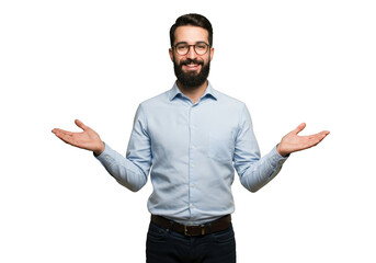 Man with beard and glasses presenting with open hands isolated on transparent background