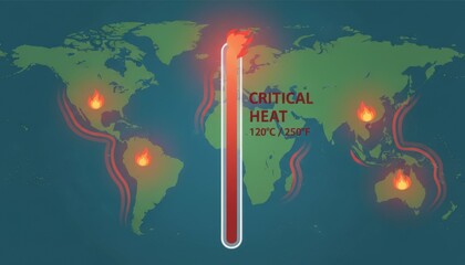 World map showing critical heat zones and global warming with a thermometer indicating 120°C.