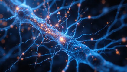Detailed illustration of a neuron with glowing synapses transmitting information beautifully