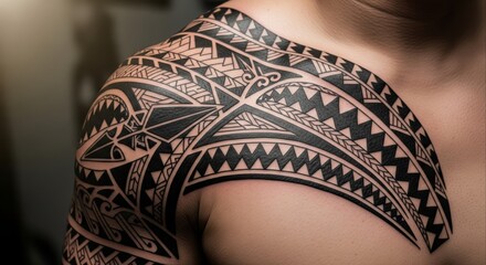 Close-up of a person's shoulder and upper arm adorned with a striking black tribal tattoo featuring intricate geometric patterns.