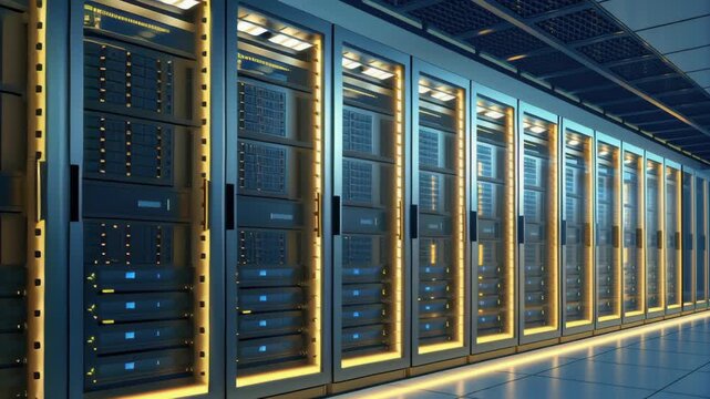 High tech server rack corridor and room with illuminated data cabinets and server rack row, glowing blue and LED cooling lights creating futuristic