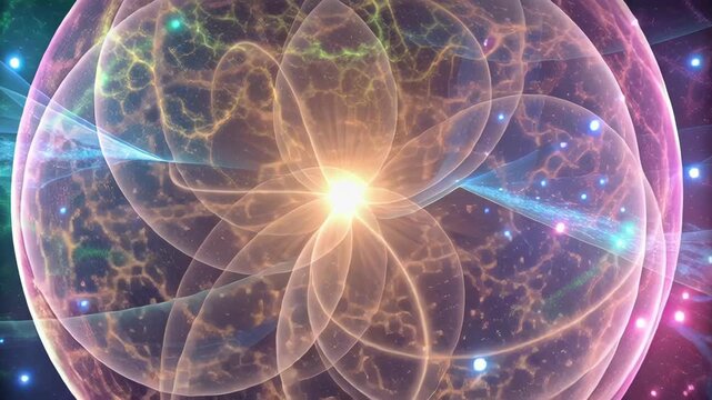 Glowing energy sphere fractal pattern colorful nebula luminous core translucent shell cosmic light abstract background electric filaments glowing