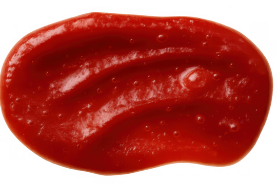Ketchup sauce smear creating a delicious red blob with a savory texture on a transparent backdrop, ideal for food designs