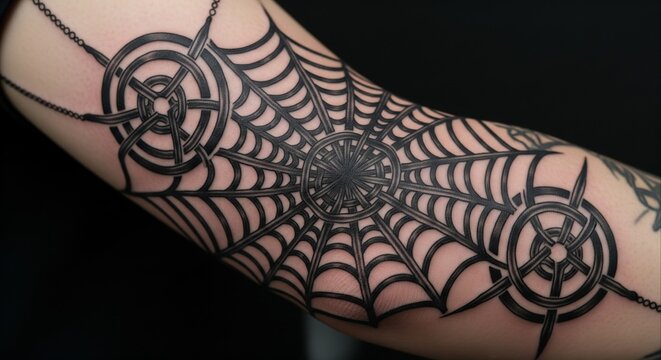 A close-up shot of a detailed black spiderweb tattoo on a person's arm, featuring intricate concentric circles and radial lines.