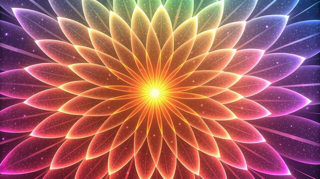 Radiant lotus mandala colorful geometric glowing flower symmetrical pattern neon gradient psychedelic art abstract background radiant multicolored