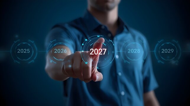 Businessman interacting with virtual touchscreen buttons