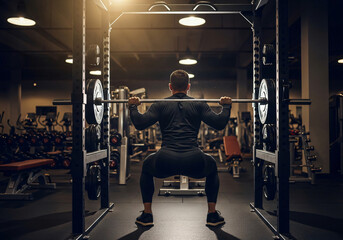 Dramatic Shot of Man Squatting with Barbell in a Modern Gym