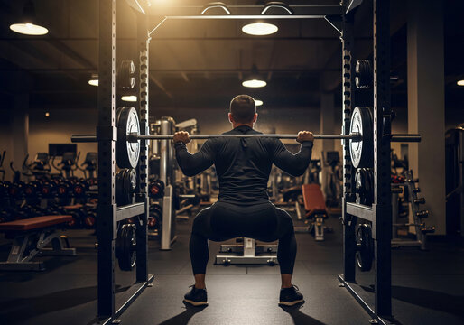 Dramatic Shot of Man Squatting with Barbell in a Modern Gym