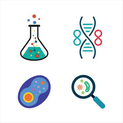 A set of four essential biotechnology and life science vector icons. This collection includes symbols for genetics, chemistry, microbiology, and cellular biology research