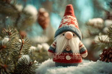 Niedliche Weihnachtswichtel Figur im verschneiten Tannenwald
