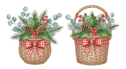 Watercolor Christmas Baskets with Holly Leaves, Pinecones, Eucalyptus and Red Berries Clipart Set