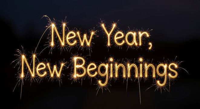 New Year, New Beginnings spelled out with sparklers against dark background. New Year, New Beginnings is an optimistic message for upcoming holiday season, with shiny lights. 