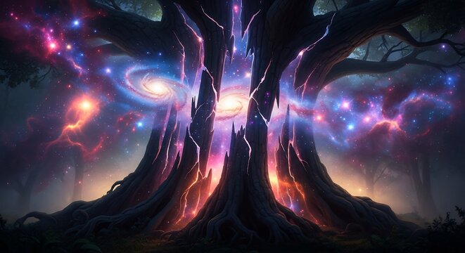 Gigantic trees trunk fractured exposing a dazzling universe of stars nebulae and galaxies