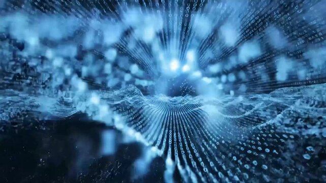 Abstract binary code tunnel with light at the end in a digital world