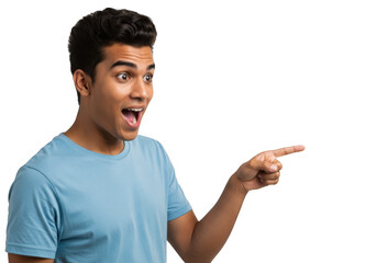 Young man pointing with surprise isolated on transparent background