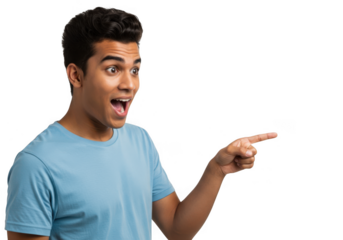 Young man pointing with surprise isolated on transparent background