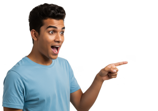 Young man pointing with surprise isolated on transparent background - Powered by Adobe