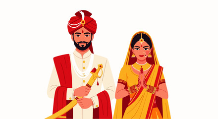 Flat vector illustration of Indian bridal couple in traditional costumes, Traditional Wedding Theme, suitable for Hindu Wedding celebration and ceremony culture poster
